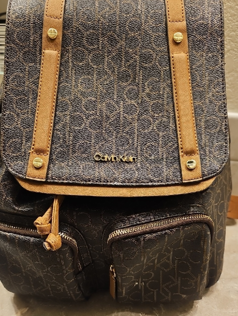 Calvin Klein Men’s Monogram Brown Canvas Backpack with Contrast Trim